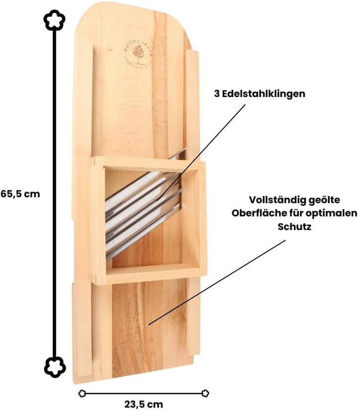 Woodcarver Krauthobel Holz – 3 Klingen aus Edelstahl – Gemüsehobel manuell aus geöltem Buchenholz –