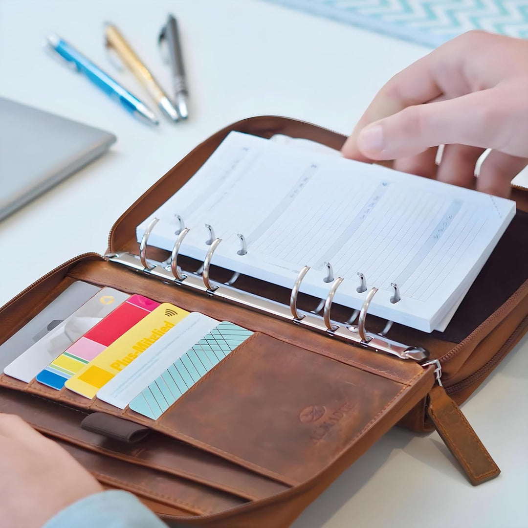 ALMADIH Leder A6 Kombimappe 2 Reissverschluss Fächer Kalender 2026 Premium Rindsleder Schwarz Gesche