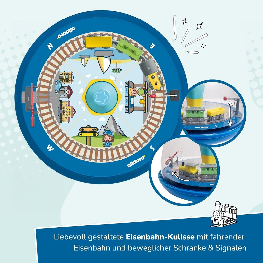 alldoro 68010-Eisenbahn PanoramakreiselØ19 cm,Pumpkreisel mit Sound,Schwungkreisel mit Standfuss,Mus