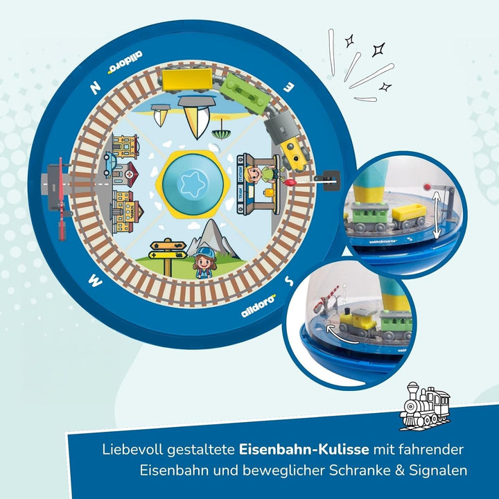 alldoro 68010-Eisenbahn PanoramakreiselØ19 cm,Pumpkreisel mit Sound,Schwungkreisel mit Standfuss,Mus