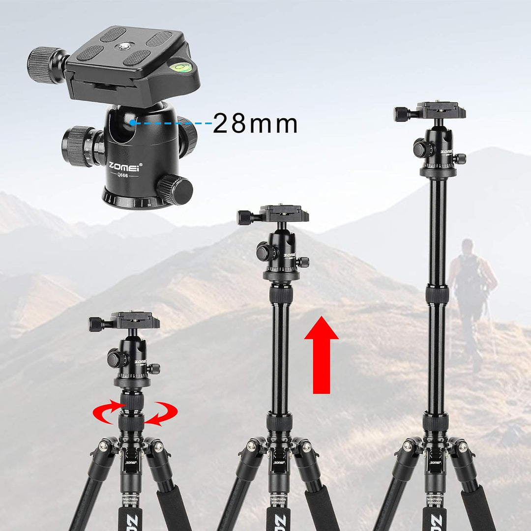 ZOMEI Q666 Kamera Stativ, 155cm Aluminium-Leichtbau Reisestativ, 3-in-1 Fotostativ Makrostativ und E