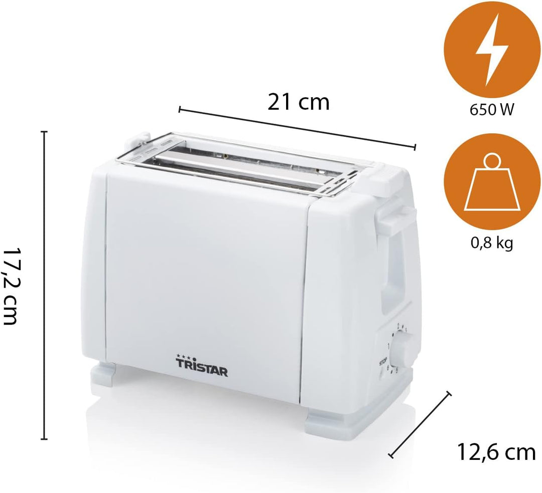 Tristar BR-1009 Toaster, 650 Watt, für 2 Toast-Scheiben 2 kurze Schlitze, 6 Bräunungsstufen und Aufw