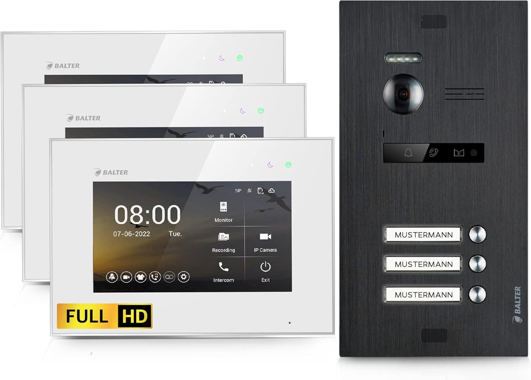 Balter EVO-HD Video Türsprechanlage, Video Türklingel mit Kamera, 3 familienhaus Klingel, 7 Zoll HD
