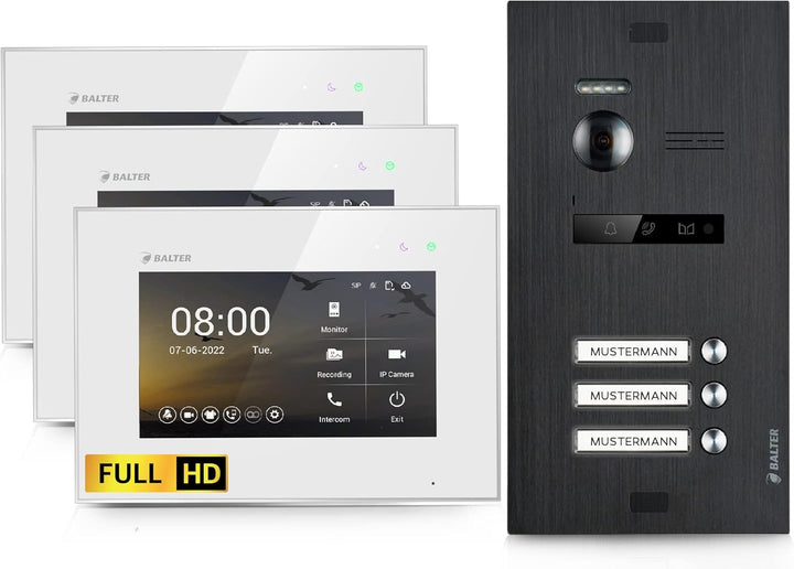 Balter EVO-HD Video Türsprechanlage, Video Türklingel mit Kamera, 3 familienhaus Klingel, 7 Zoll HD