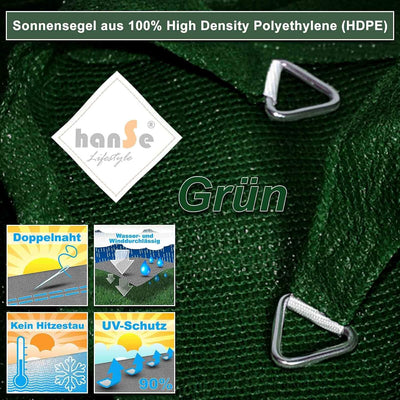 hanSe Sonnensegel quadratisch, Segeltuch Quadrat, 2x2m in Grün, aus HDPE Gewebe, wetterbeständig mit