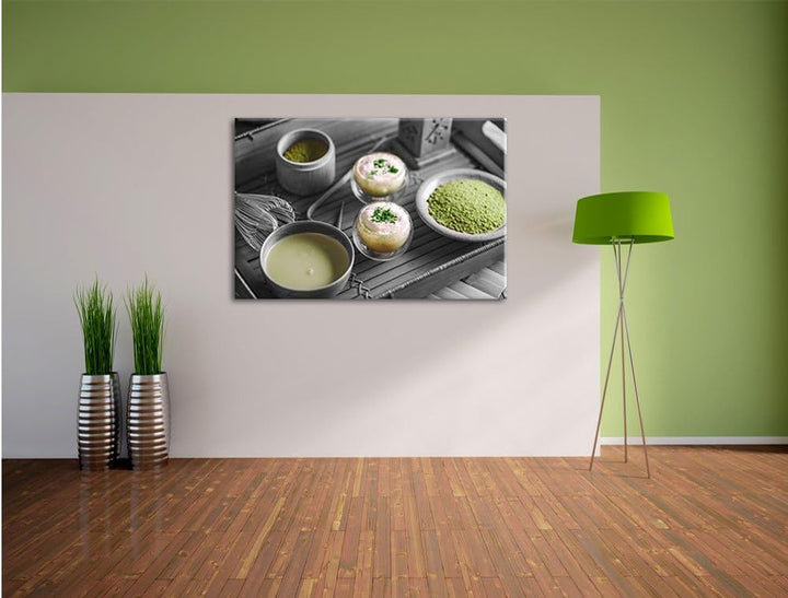 Pixxprint schön dekorierter Matcha Tee als Leinwandbild/Grösse: 100x70 / Wandbild/Kunstdruck/fertig