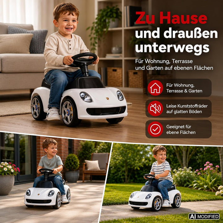 Lemodo, Porsche Carrera GT Rutschauto lizenziert weiss, ab 18 Monaten, Kinderfahrzeug mit Scheinwerf