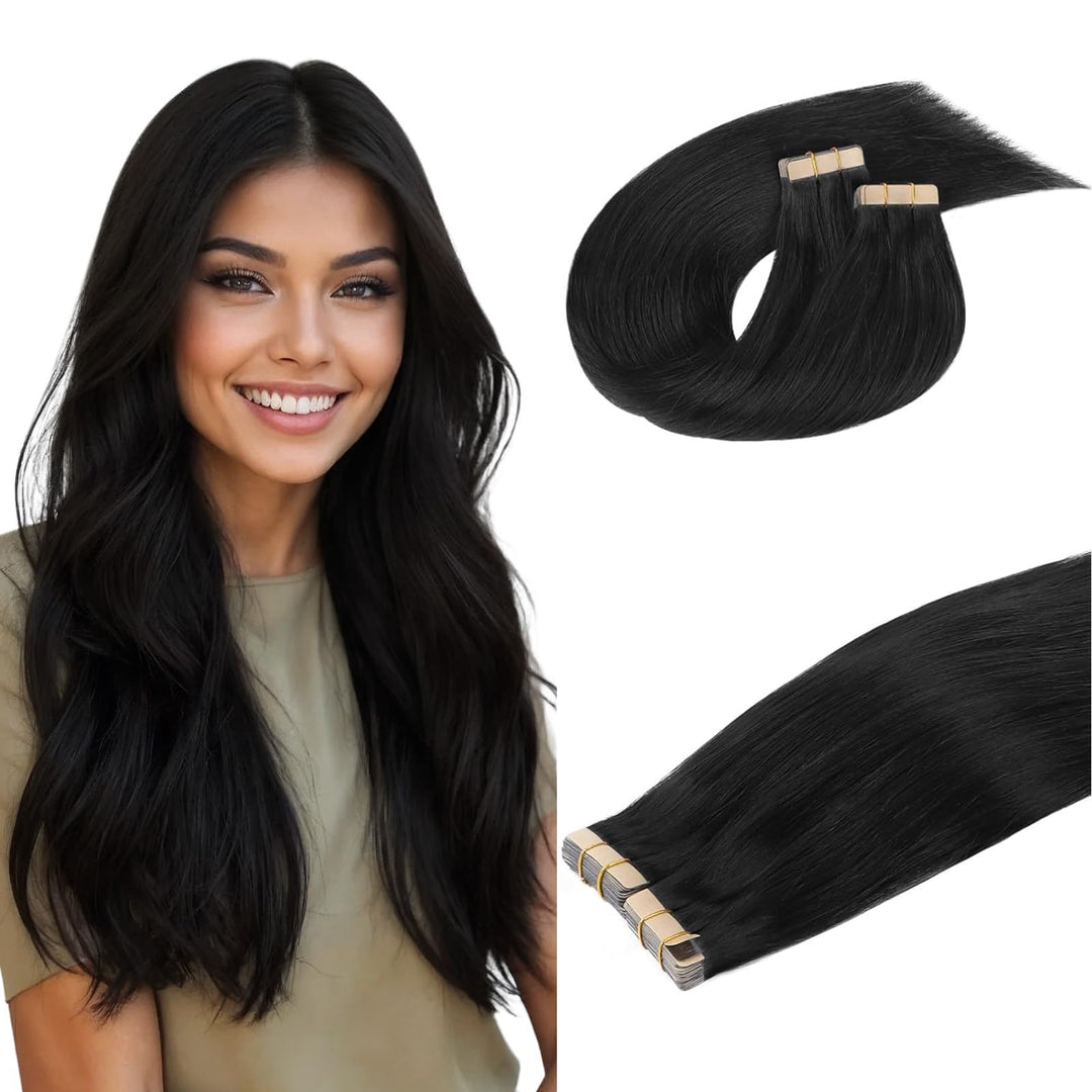 DOORES Extensions Echthaar Tape in, Tief Schwarz 35cm (14zoll) 100g 40pcs, Remy Haarextension Tape i