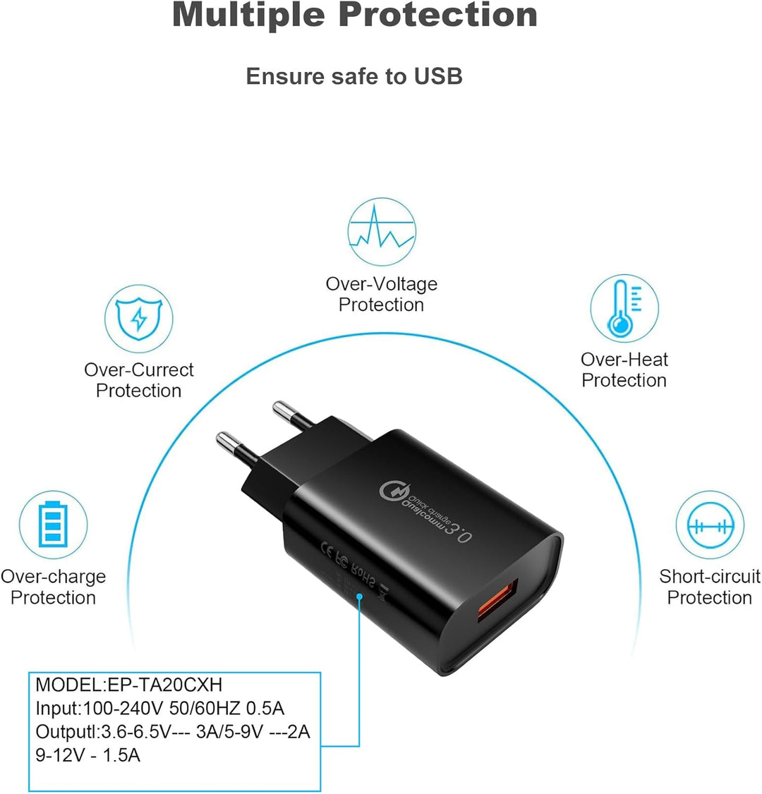 18W/3A USB Ladegerät Stecker Schnellladegerät Quick Charge 3.0 Ladeadapter Universal Netzteil für Sa