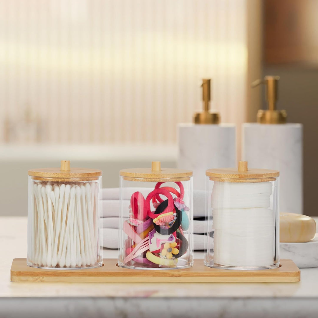 Relaxdays Wattestäbchenbehälter mit Tablett, 3 Becher m. Deckel, Kosmetik Organizer Kunststoff/Bambu