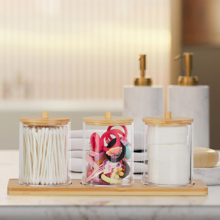Relaxdays Wattestäbchenbehälter mit Tablett, 3 Becher m. Deckel, Kosmetik Organizer Kunststoff/Bambu