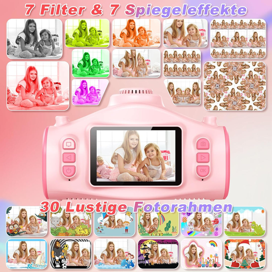 2 in 1 Kinderkamera mit Projektion, Stativ, 32GB-Karte, grosser Akku, Geschenk für 3-12 Jahre (Rosa)