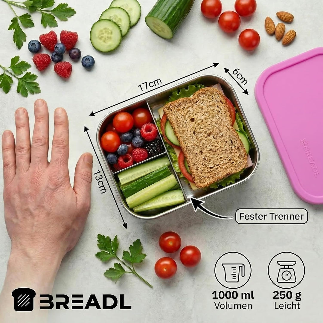 Edelstahl Brotdose, Feste Trennwand und 3 Fächer, Silikondeckel, Auslaufsicher, Spülmaschinengeeigne