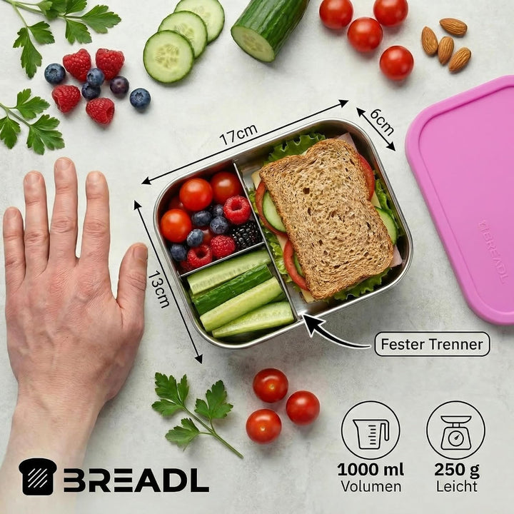 Edelstahl Brotdose, Feste Trennwand und 3 Fächer, Silikondeckel, Auslaufsicher, Spülmaschinengeeigne