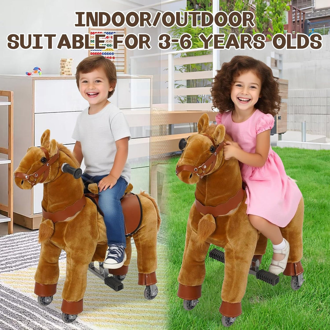 Stehpferd auf Rollen, Spielpferd zum Reiten und Draufsitzen, Reitpferd für Kinder mit Sattel, Zaumze