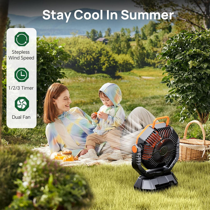 AJVV Camping Ventilator mit akku 20000mAh, Akku Ventilator mit Fernbedienung/LED Licht/270° Drehung,