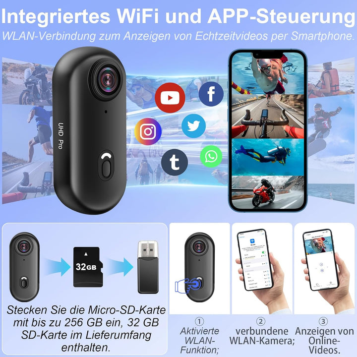 Action Kamera WiFi 4K, 170° Sport Actionkamera HD, 32G Mini Action WiFi Fahrrad Motorrad Helmkamera,