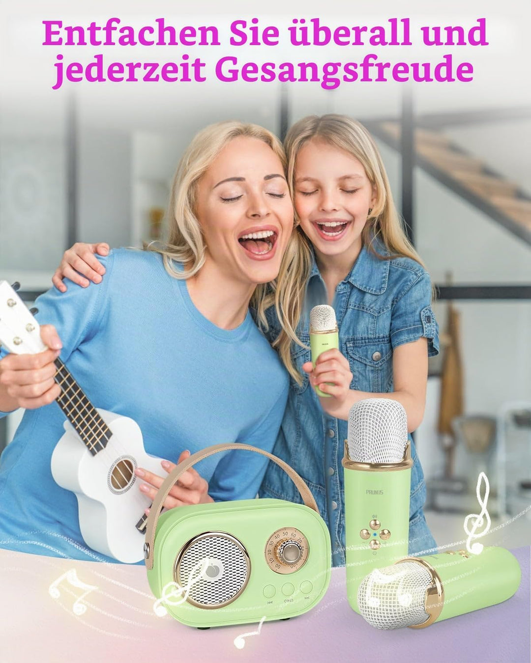 PRUNUS Karaoke Maschine Kinder mit 2 Mikrofonen, Mini Karaoke Set mit Stereosound und Heavy Bass für