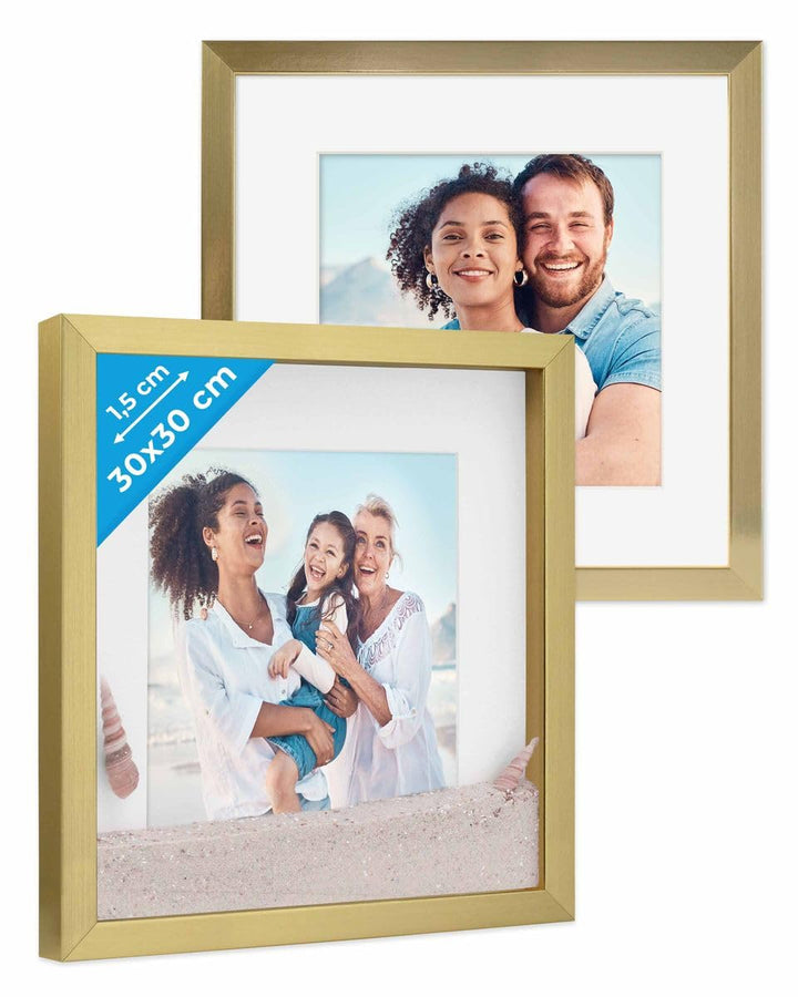 PHOTOLINI 3D Bilderrahmen zum Befüllen 30x30 Gold gross, 1,5 cm tiefer Objektrahmen mit Glas, 2X tie