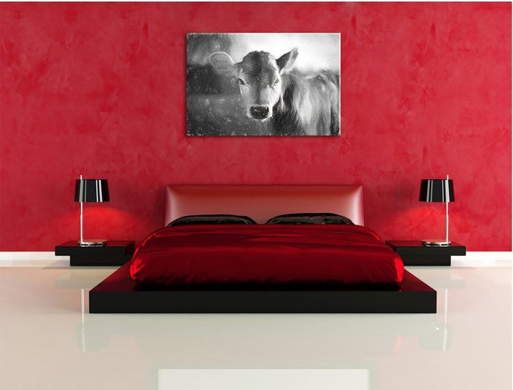 Pixxprint Junge Kuh Kälbchen Kunst / 100x70cm Leinwandbild bespannt auf Holzrahmen/Wandbild Kunstdru