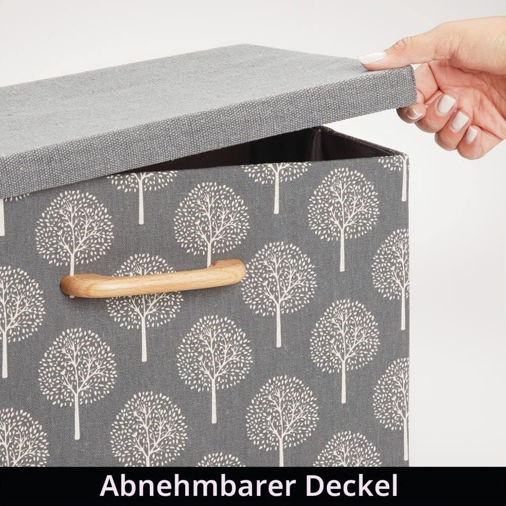 mDesign 2er-Set Aufbewahrungsbox – weich strukturierte Stapelbox mit Deckel und Holzgriff – stabile