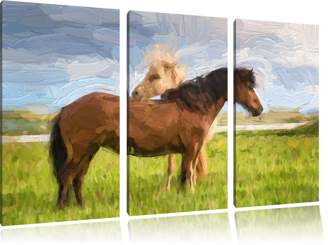 Pixxprint Zwei Pferde auf der Wiese Kunst Pinsel Effekt 3-Teiler Leinwandbild 120x80 Bild auf Leinwa