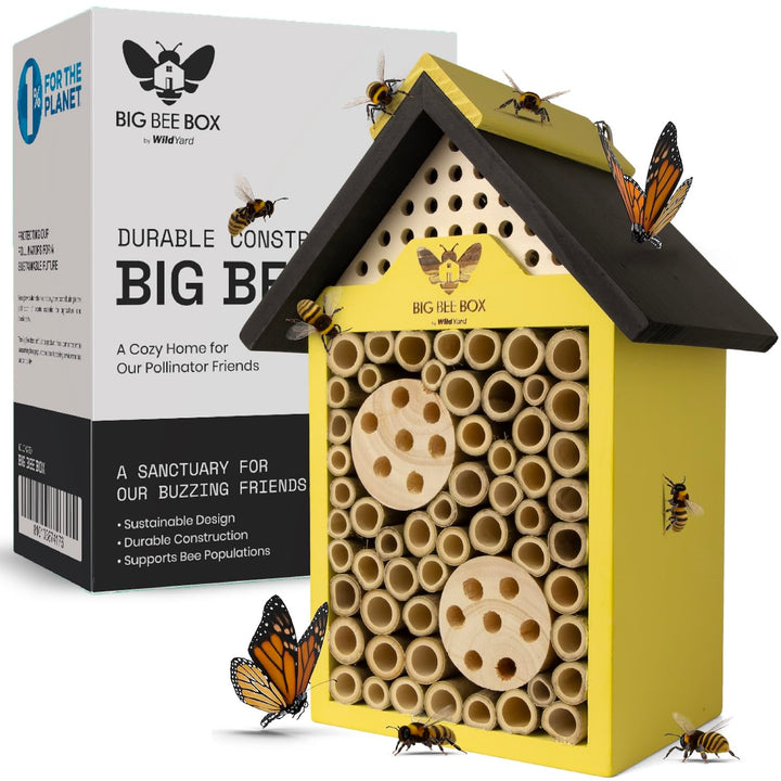 WildYard Big Bee Box - Bienenhaus aus Holz für Draussen, Gelb - Lockt Mauerbienen am Balkon - Kompak