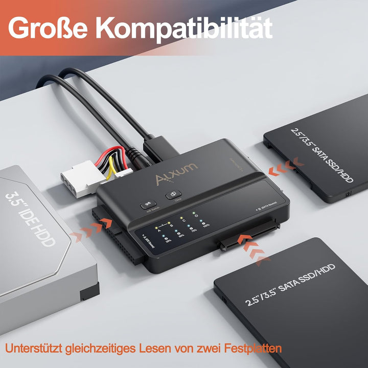 Alxum IDE und SATA Adapter, USB Type-C 5Gbps Festplatten Adapter mit Clone, Netzschalter für 2.5/3.5
