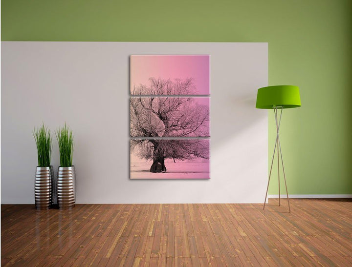 Pixxprint verschneite Bäume im Nebel schwarz/weiss 3-Teiler Leinwandbild 120x80 Bild auf Leinwand