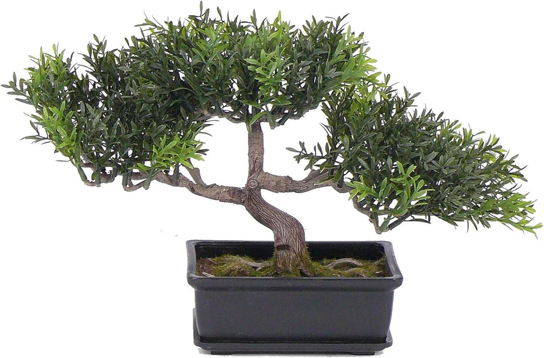 kunstpflanzen-discount.com Künstlicher Teeblat Bonsai 23cm in dekorativer Schale mit 98 naturgetreue