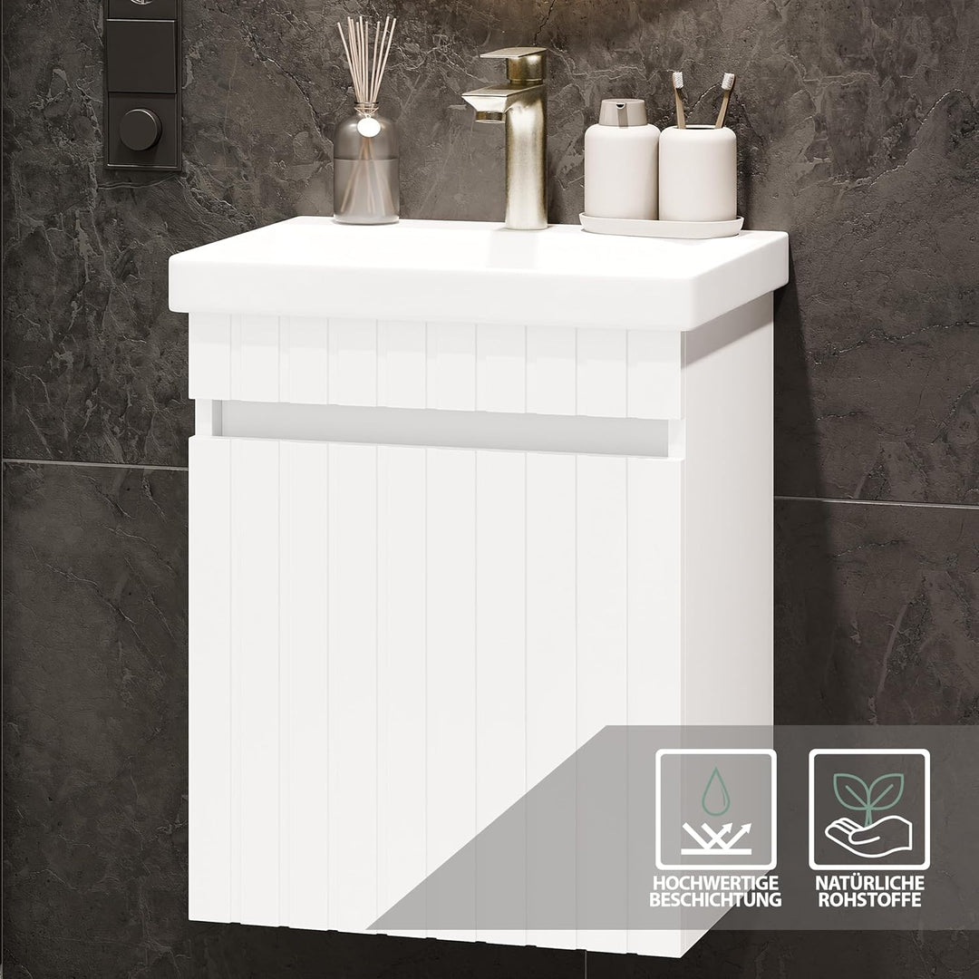 Planetmöbel Cosmia Badmöbel Set Waschbecken mit Unterschrank 50 x 60 x 35 cm Weiss, Badezimmer Spieg