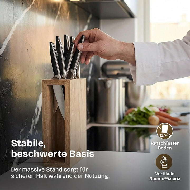 Lignus Messerblock aus Premium Eichenholz – Designer Messerhalter für 11 Messer – Antibakterielles E