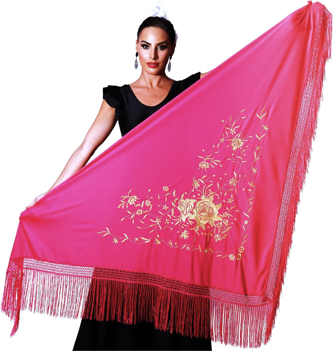 Damen Spanischer Flamenco Manila Schal XL Fuchsia Körper, Goldene Stickerei, XL Fuchsia Körper, Gold