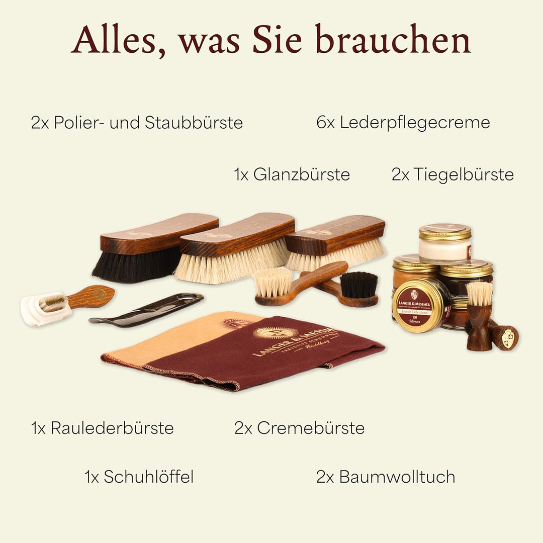 Langer & Messmer Schuhpflegeset inkl. hochwertigen Lederpflegecremes und Rosshaarbürsten zur effekti