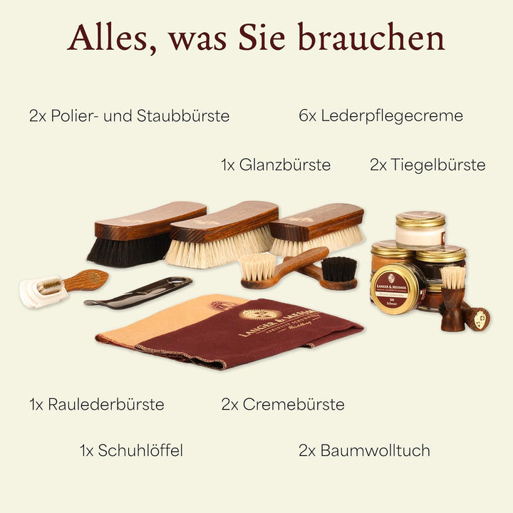 Langer & Messmer Schuhpflegeset inkl. hochwertigen Lederpflegecremes und Rosshaarbürsten zur effekti