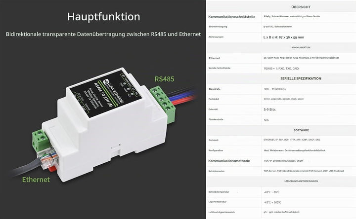 RS485 zu RJ45 Ethernet Konverter Industrieller Serieller Server TCP/IP zu Seriell Modul Unterstützt
