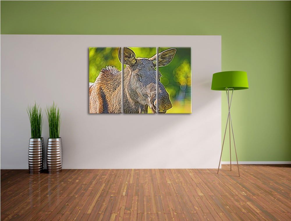 schöne Elchkuh auf Wiese Spezial 3-Teiler Leinwandbild 120x80 Bild auf Leinwand, XXL riesige Bilder