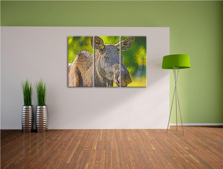 schöne Elchkuh auf Wiese Spezial 3-Teiler Leinwandbild 120x80 Bild auf Leinwand, XXL riesige Bilder