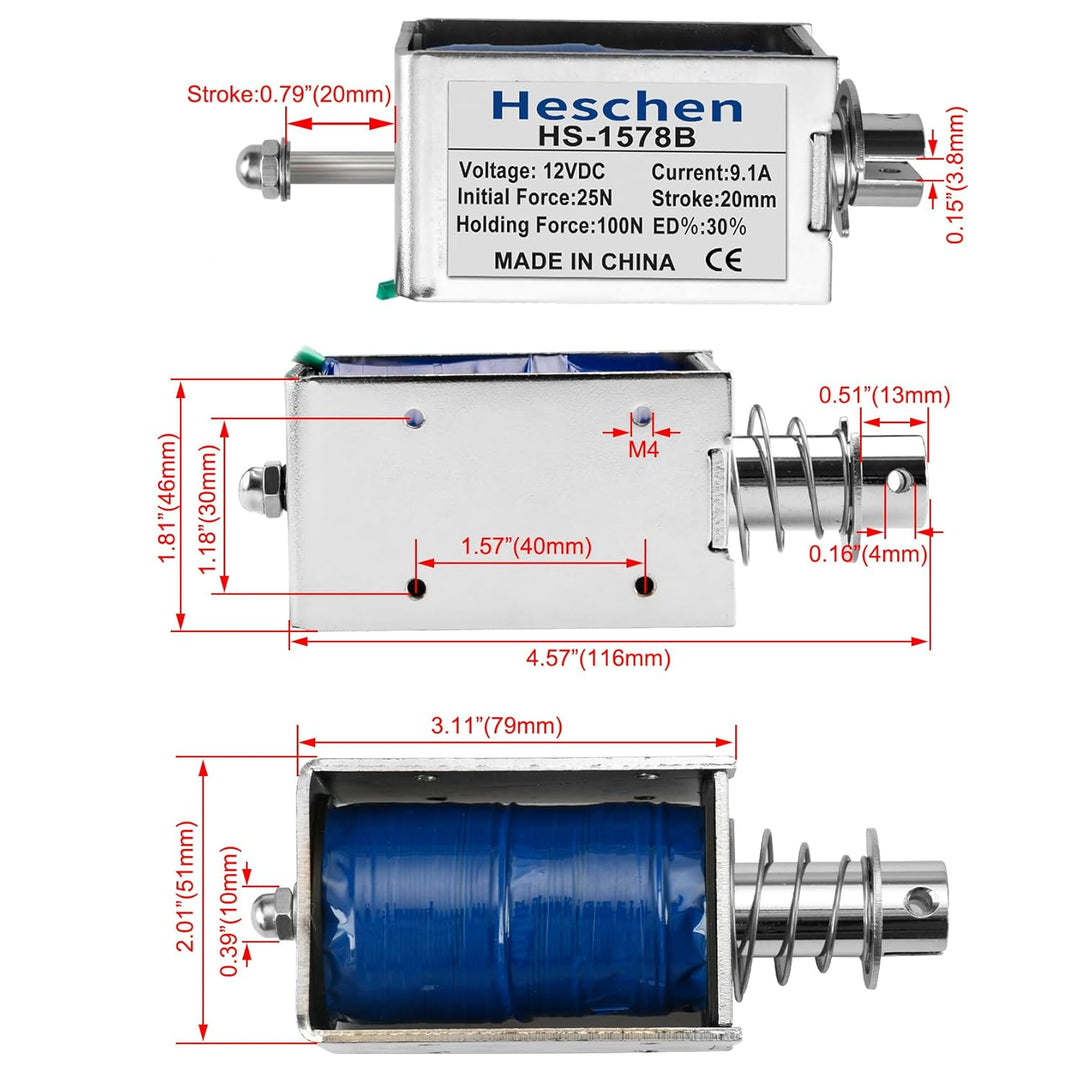 Heschen Magnet-Elektromagnet, HS-1578B, DC12 V, 4,8 A, 25 mm Hub, Kraft 50 N, Push-Pull-Typ, offener