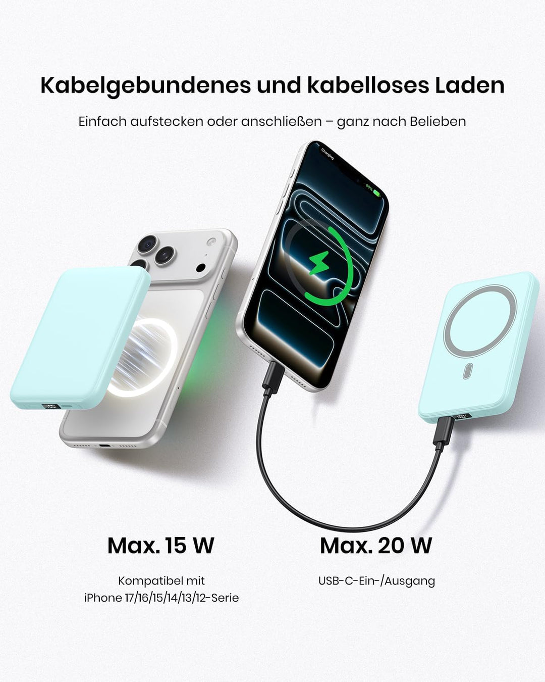 A ADDTOP Power Bank, 10000mAh Magnetische Powerbank, 20W PD Schnellladegerät, Kabelloses Magnetladeg