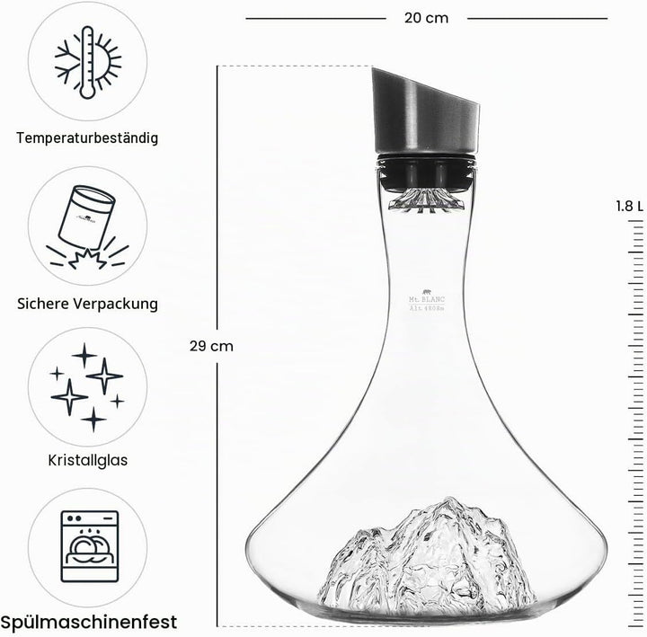 Weindekanter, 1,8 l, hochwertiges Kristallglas, mundgeblasen, mit geprägten Bergen, 3-in-1-Verschlus