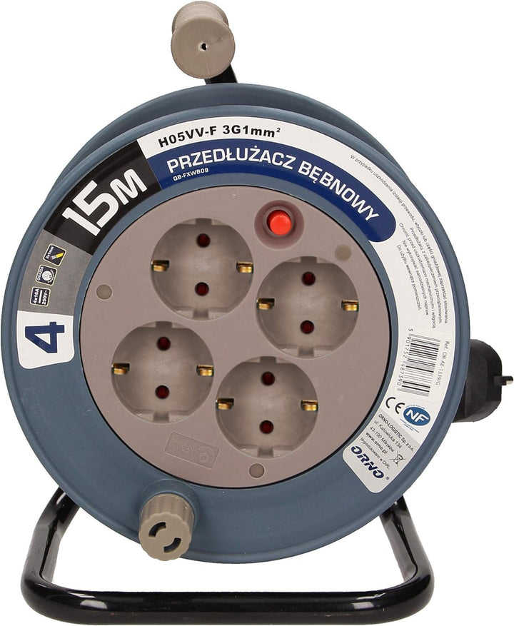 Orno AE-1339 Mini Kabeltrommel 15m mit 4 Steckdosen, Metallständer und Thermoschutz || 2300W / 10A,