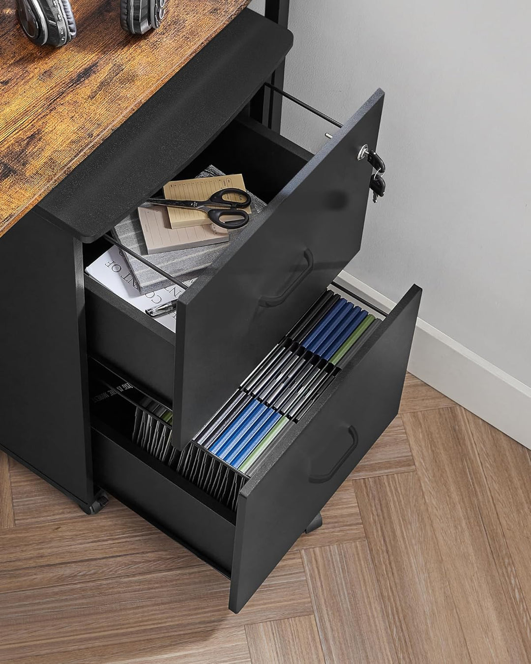 VASAGLE Rollcontainer mit Schloss und Schubladen, abschliessbarer Aktenschrank mit Verstellbarer Hän