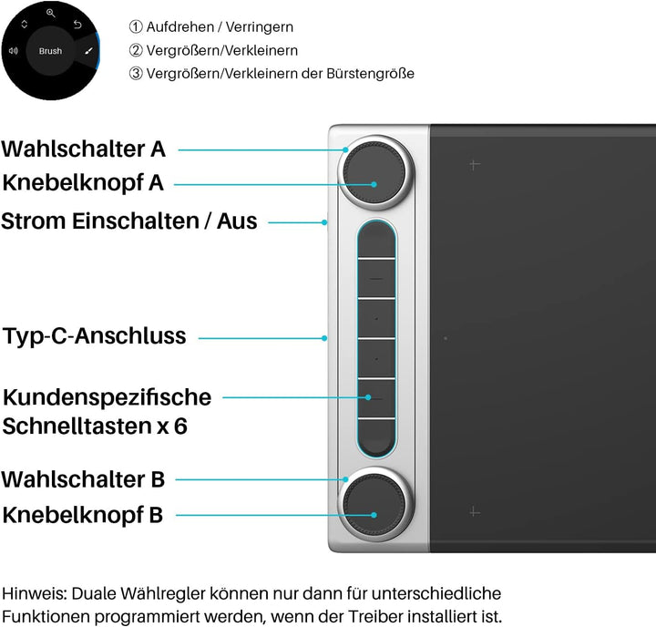 HUION Inspiroy Dial 2 Bluetooth Grafiktablett mit Doppelte Dial Controllern + 6 Programmierbaren Tas