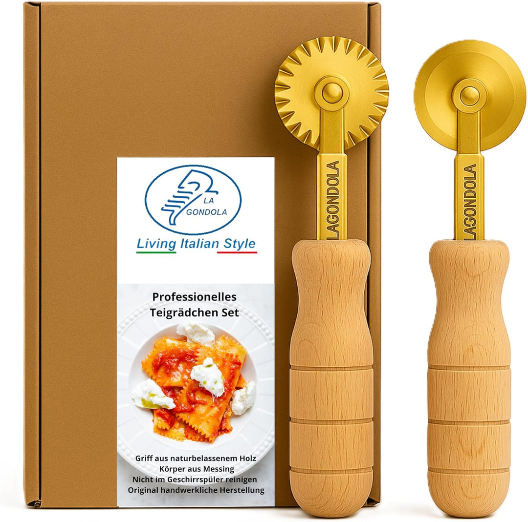 La Gondola Set mit 2 Teigrädchen - Gewelltes & Glattes Räder | Nudelwerkzeug | Messing & Naturholz |