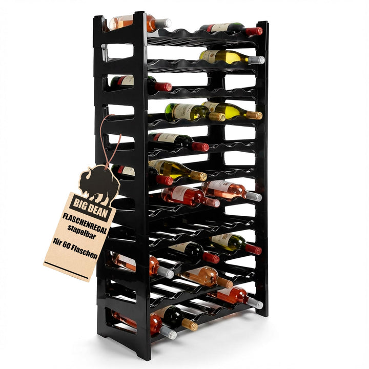 BigDean Flaschenregal stapelbar für 60 Flaschen Weinregal aus Kunststoff | Farbe Schwarz, Getränkere