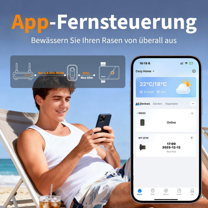 Diivoo Bewässerungscomputer WLAN für Gärten, Wasser-Zeitschaltuhr, Bewässerung mit App & 6 Bewässeru