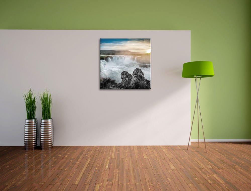Pixxprint Goðafoss bei Sonnenuntergang schwarz/weiss, Format: 70x70 als Leinwandbild, 70x70