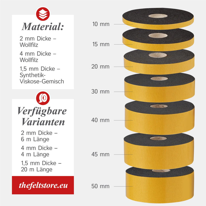 The Felt Store Filzband selbstklebend 40 mm breit, 1,5 mm dick, 20m lang, schwarz - vielseitiger Fil
