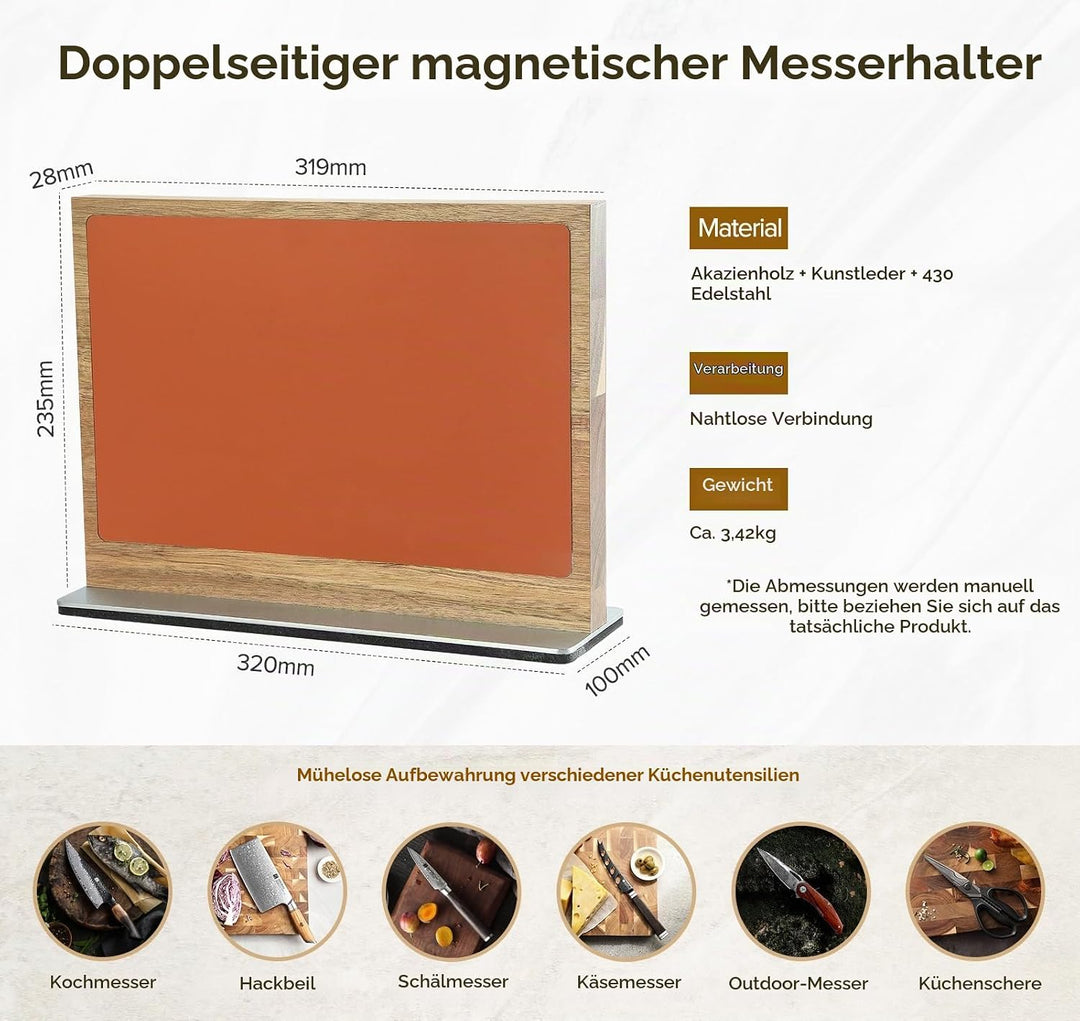 XINZUO Magnetisch Messerhalter Akazienholz, Zweifarbige Lederoberfläche, Doppelseitig erhältlich, Oh